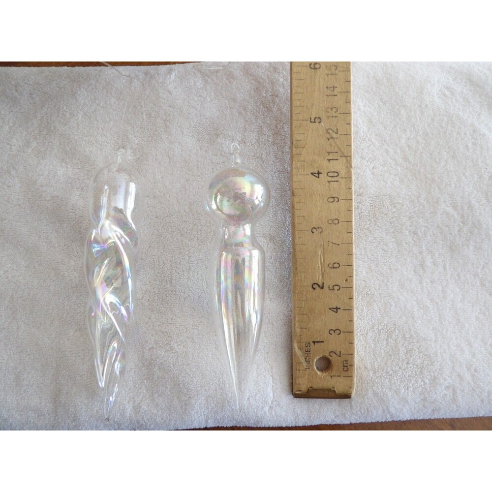 Lot 2 Handblown Clear Thin Glass Iridescent Christmas Tree Ornament Icicle 4.75" - Picture 5 of 13